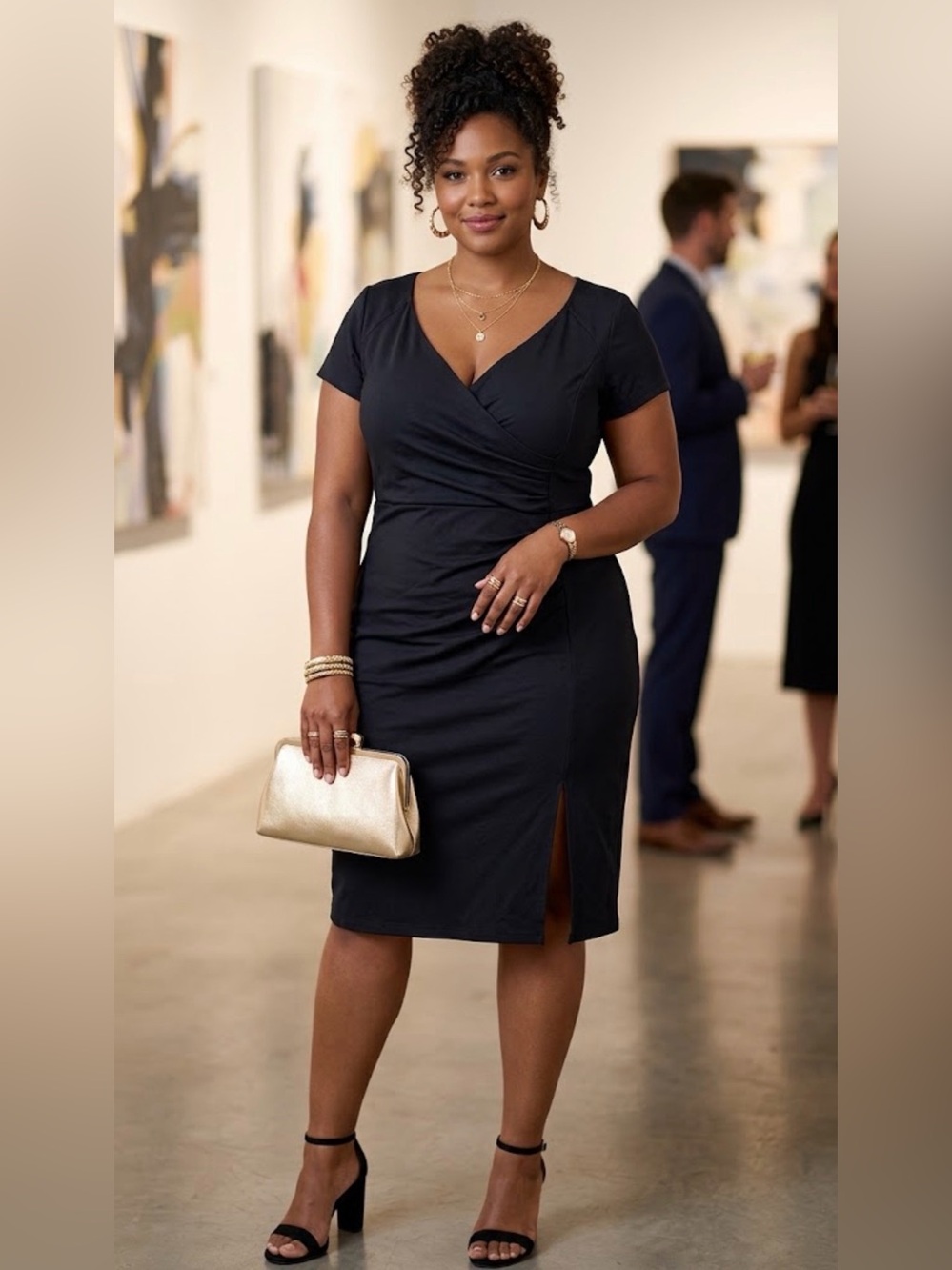 Curved Waist Wrap Midi Dress in Black